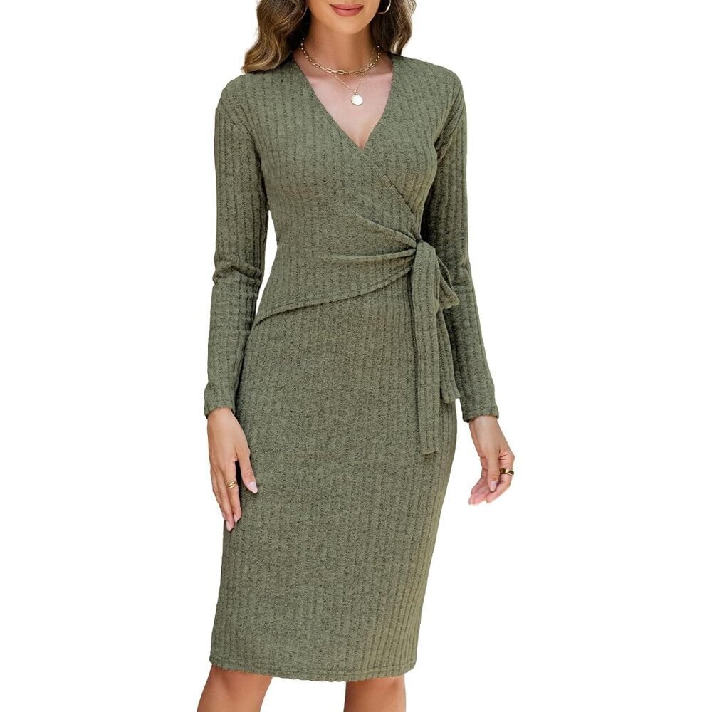 Women's Knit V Neck Tie Waist Fall Dress Midi Long Sleeve Everyday